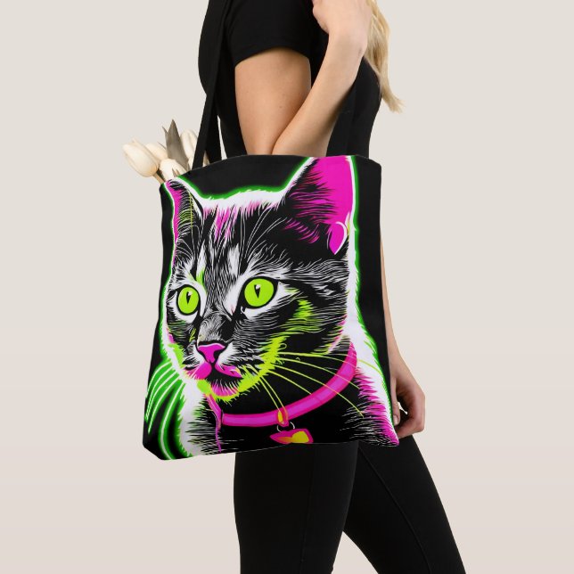 Neon Kitty Feline Art Tote Bag (Close Up)