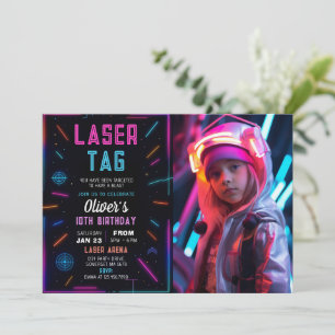 Neon Laser Tag Birthday Photo Invitation