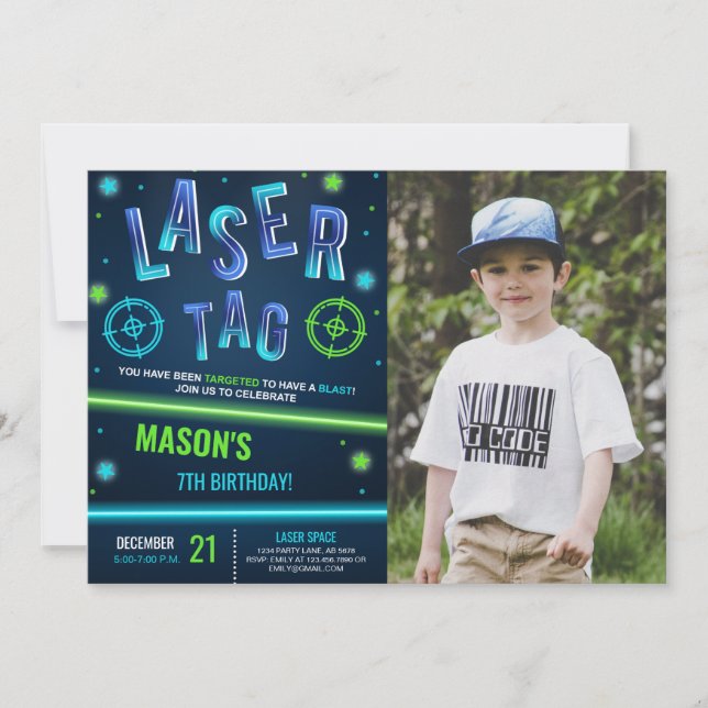 Neon Laser Tag Blue Photo Invitation (Front)