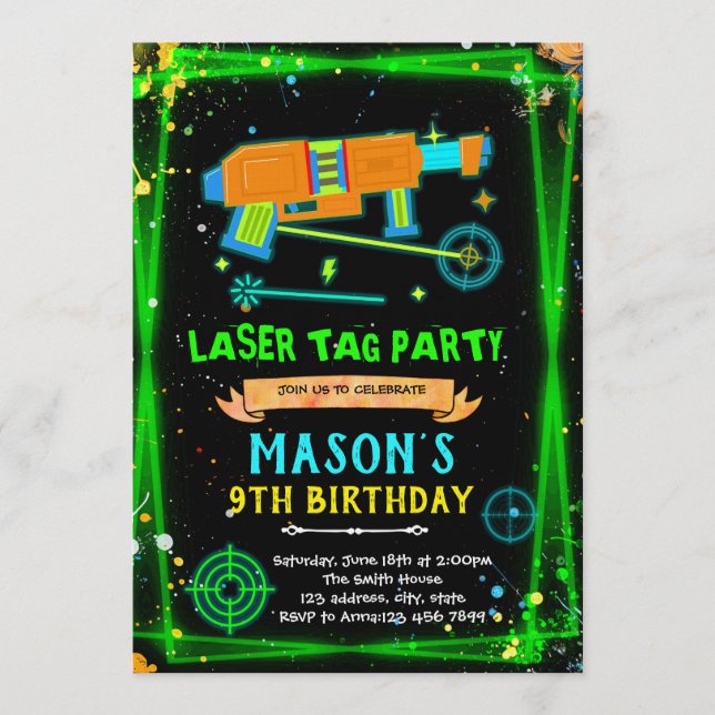 Neon Laser Tag boy theme invitation (Front)