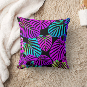 Neon Leaf Harmony Vibrant Pattern Throw Pillow