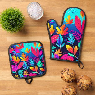 Neon Leaf Paradise Art Oven Mitt & Pot Holder Set