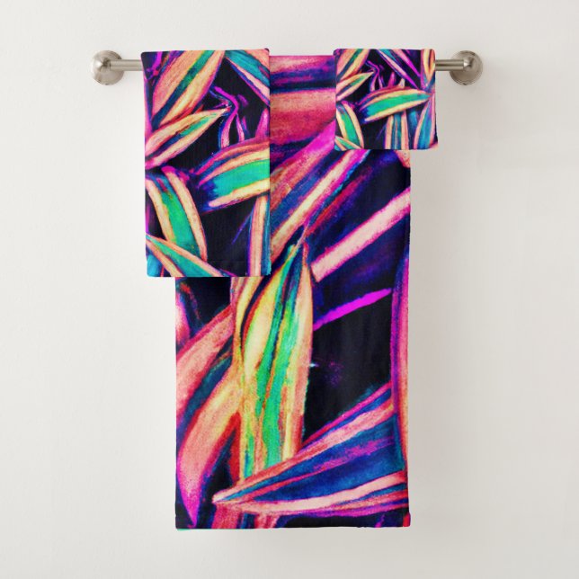 Neon Leaf Patterns Unveiled Bath Towel Set (Insitu)