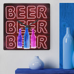 Neon LED Beer Sign Red Square Wall Clock<br><div class="desc">Square wall clock printed with neon look bar sign. The design has coloured beer bottles and is lettered with the word BEER in LED strip lighting. It has a colour palette of red,  pink,  blue and purple. Please browse our store for alternative colorways.</div>