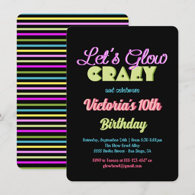 Neon Let's Glow Crazy Birthday Party Invitation (Front/Back)