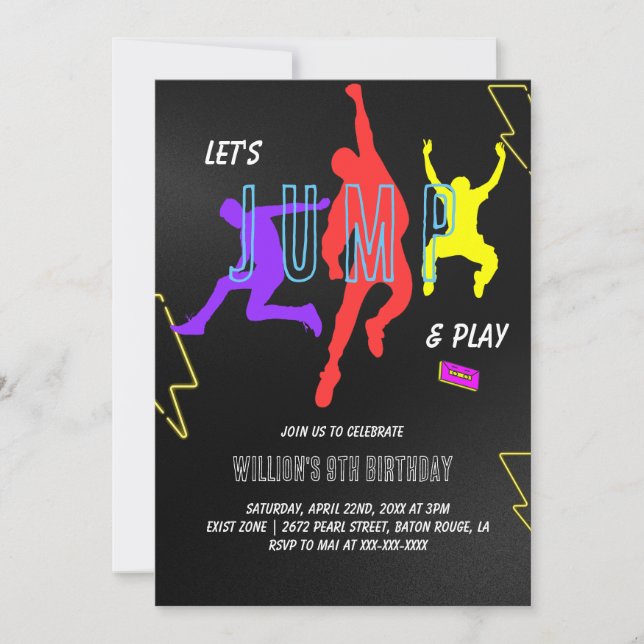 Neon Let's Jump Kids Birthday Party Invitation (Front)