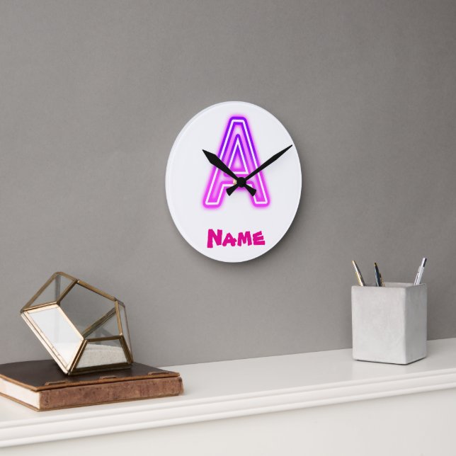 Neon Letter A Monogram Glowing Purple Pink Initial Round Clock (Office)