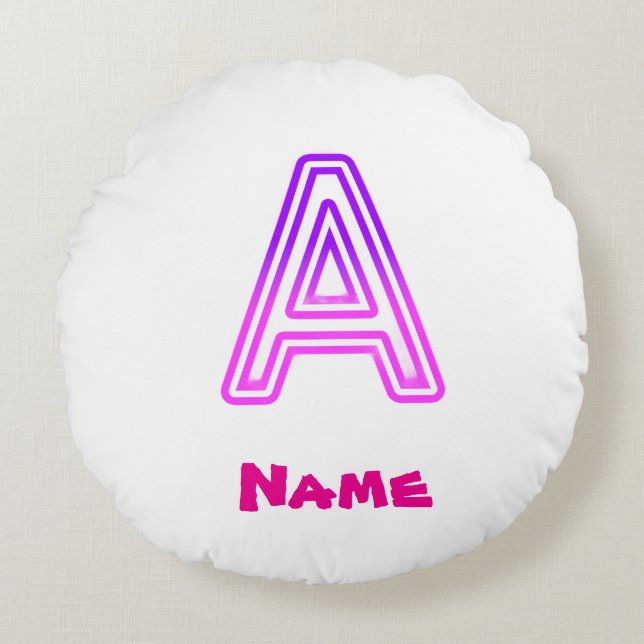 Neon Letter A Monogram Glowing Purple Pink Initial Round Pillow (Front)