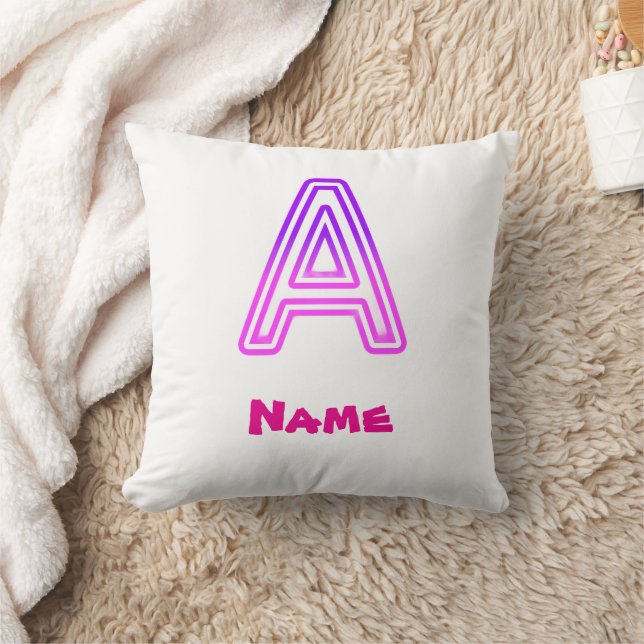 Neon Letter A Monogram Glowing Purple Pink Initial Throw Pillow (Blanket)
