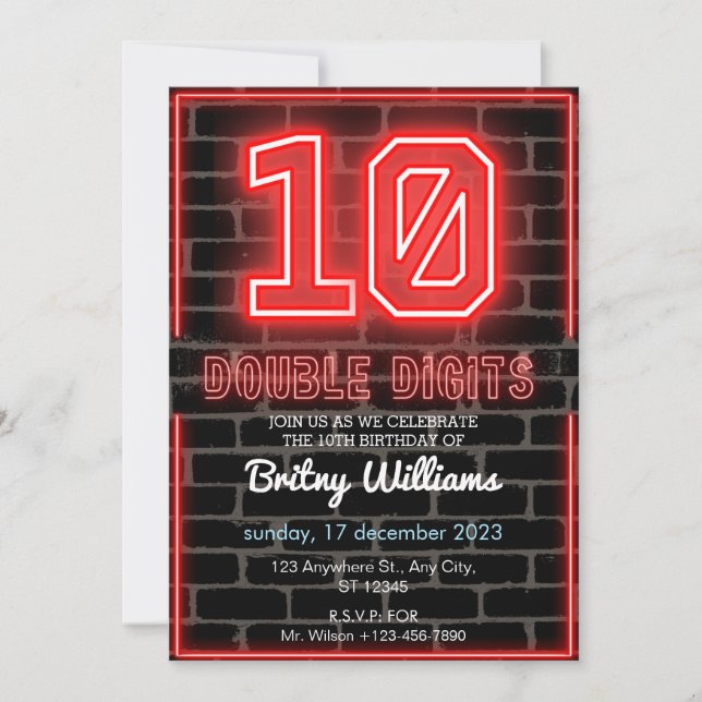 Neon  Light 10th Birthday Invitation (Front)