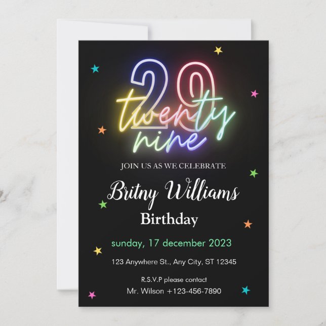 Neon  Light 29th Birthday Invitation (Front)