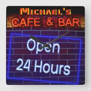 Neon Light BAR CAFE OPen ALL Hours Personalized 2 Square Wall Clock