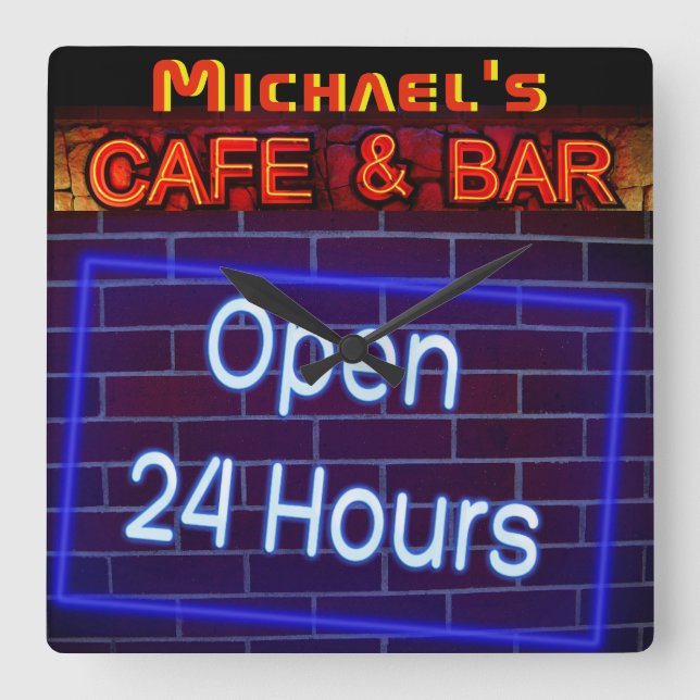 Neon Light BAR CAFE OPen ALL Hours Personalized 2 Square Wall Clock (Front)