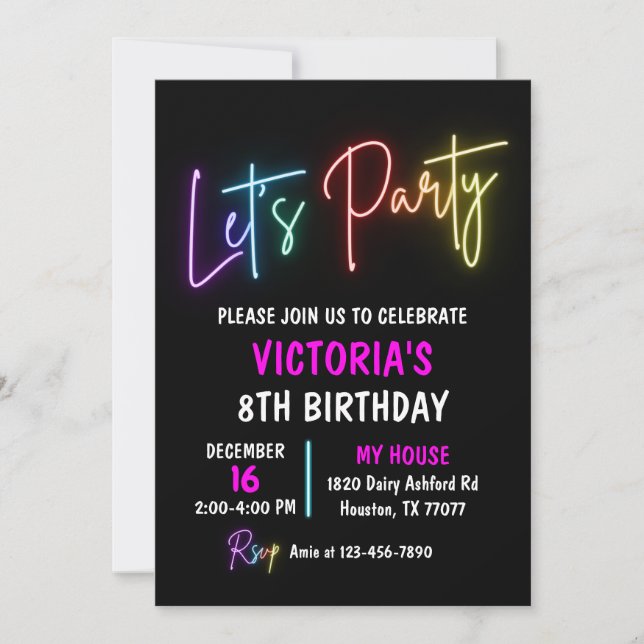 Neon Light Birthday Invitation, Rainbow Party Invitation (Front)