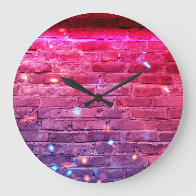 Neon light: empty brick wall. large clock (Front)