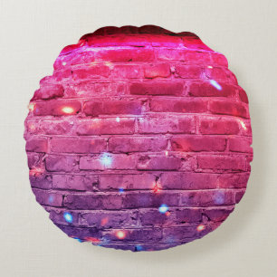 Neon light: empty brick wall. round pillow