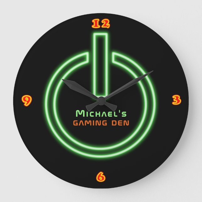 Neon Light GAMING DEN Personalized Power Sign Large Clock (Front)