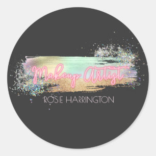 Neon Light Holographic Glitter Makeup Artist Busin Classic Round Sticker