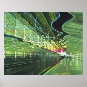 Neon lighting in corridor of the O'hare Airport, Poster