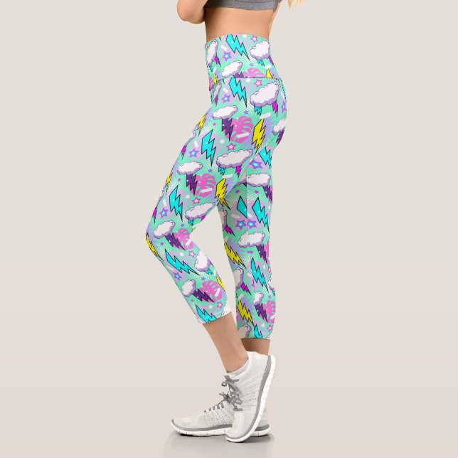 Neon Lightning Bolts & Stars Pattern Capri Leggings (Left)
