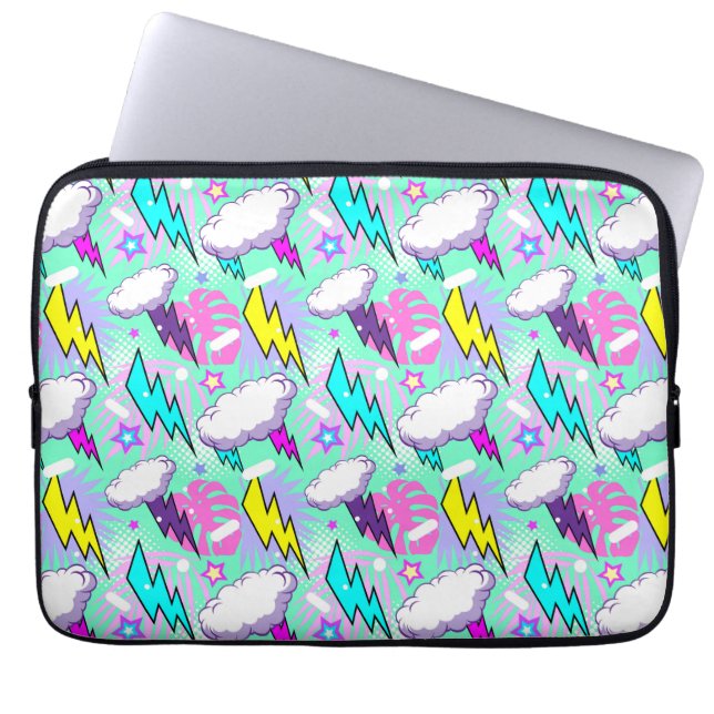 Neon Lightning Bolts & Stars Pattern Laptop Sleeve (Front)