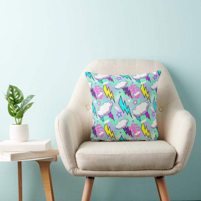Neon Lightning Bolts & Stars Pattern Throw Pillow (Chair)