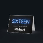 Neon Lights Blue Personalized 16th Birthday Card<br><div class="desc">Cool modern 16th birthday card with "sixteen" in glowing blue neon lights against a black background. Personalize with his or her name.</div>