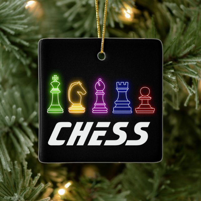 Neon Lights Chess Pieces Chess King Christmas Ceramic Ornament (Tree)