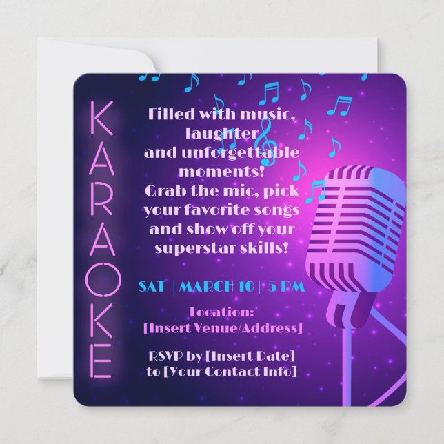 Neon Lights & Microphone Karaoke Party Invitation (Front)