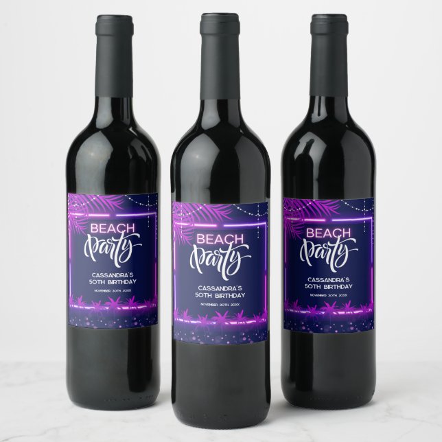 Neon Lights Palm Beach Night Party Birthday Wine Label (Bottles)