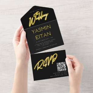 Neon Lights Yellow Black QR Code Wedding All In One Invitation