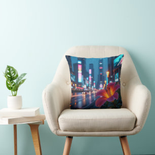 Neon Lily Bloom Throw Pillow