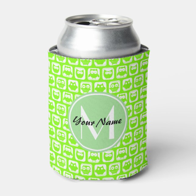 Neon Lime Owls Personalized Monogram Can Cooler (Can Front)