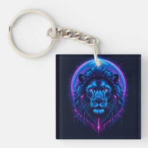 Neon Lion Illustration with Geometric Shapes Keychain
