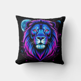 Neon Lion Illustration with Geometric Shapes Throw Pillow