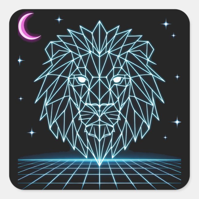 Neon Lion Synthwave - Retro King Predator Square Sticker (Front)