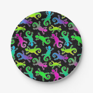 Neon Lizard and Leaf Pattern Paper Plate