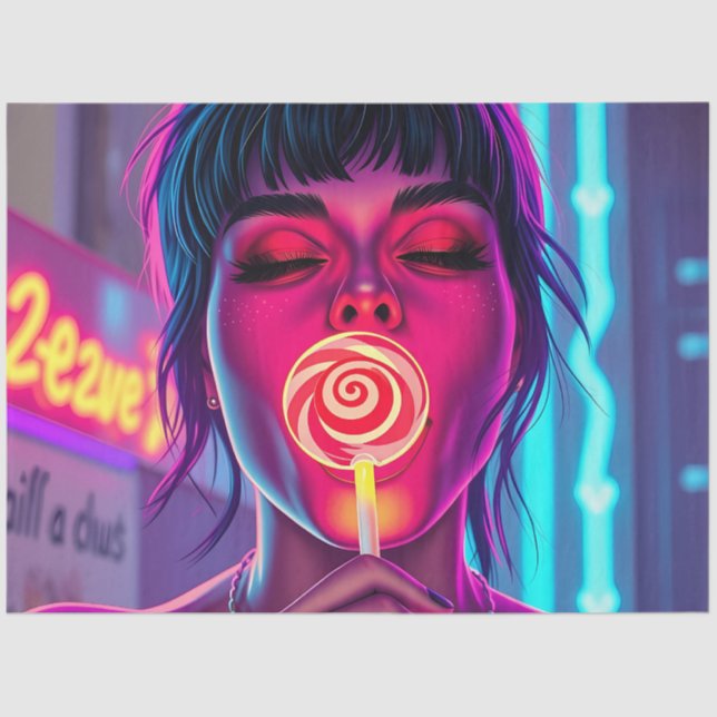 Neon Lollipop Pop Art – Cyberpunk Candy Girl  Tissue Paper (Front)