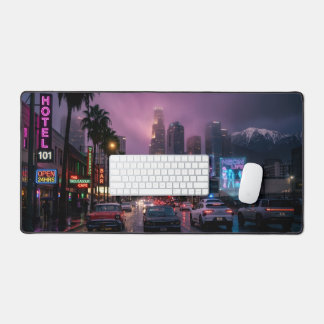 Neon Los Angeles Rain Cyberpunk Retro Desk Mat