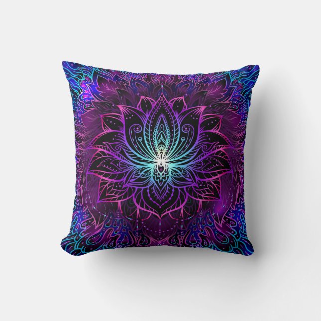 Neon Lotus Flower Boho Print Throw Pillow (Front)