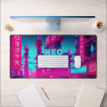Neon Magenta Cyan Cyberpunk Neo Tokyo Gamer Desk Mat<br><div class="desc">Supercharge your gaming setup or creative workstation with a desk mat that radiates pure retro-futuristic energy. This massive horizontal canvas flawlessly showcases a breathtaking, neon-drenched cyberpunk street scene. Featuring sleek retro sports cars, glowing industrial towers, and the iconic "NEO TOKYO" text rendered in a bold, cyan glitch font, this artwork...</div>
