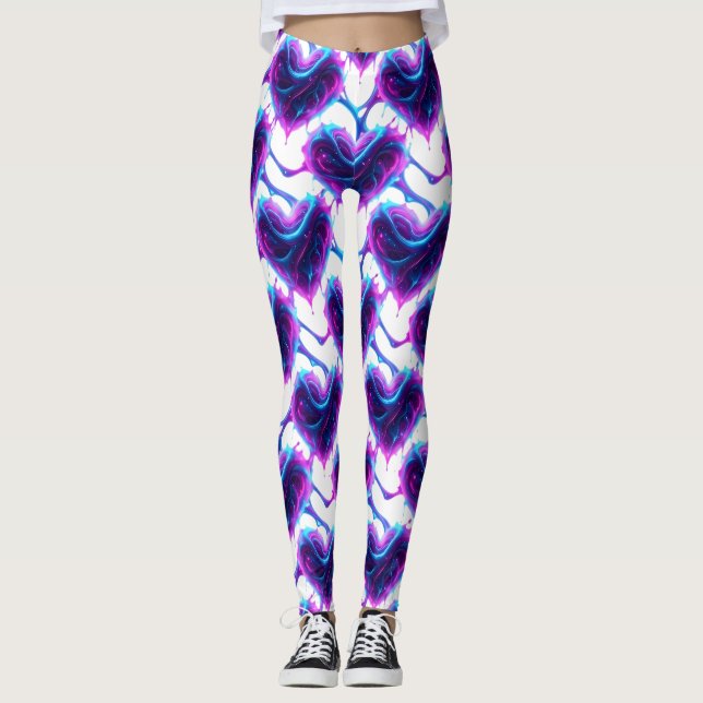 Neon Magenta Cyan Pulse Heart Pattern Leggings (Front)