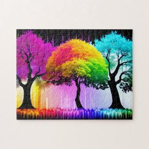 Neon Majestic Rainbow Forest Trees Jigsaw Puzzle