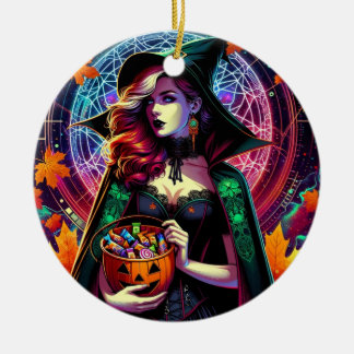 Neon Mandala Witch Candy Bucket Ceramic Ornament