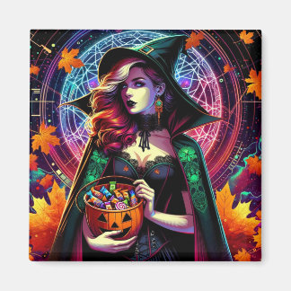 Neon Mandala Witch Candy Bucket Square Magnet