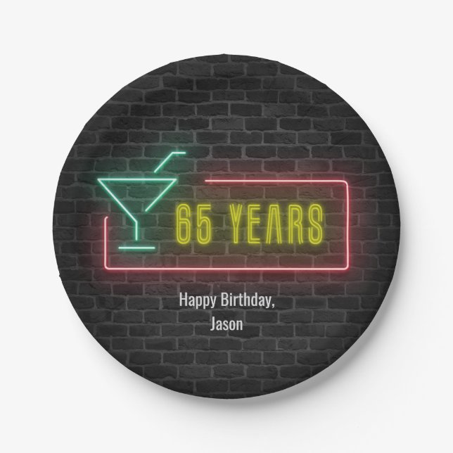 Neon marquee 65th Birthday sign on brick Paper Plate (Front)