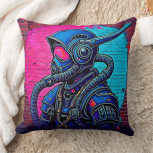 Neon Masked Wall Graffiti Figure Art Throw Pillow