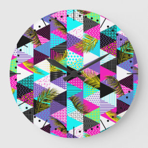 Neon Memphis Style Triangles Large Clock