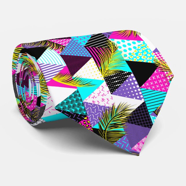 Neon Memphis Style Triangles Tie (Rolled)