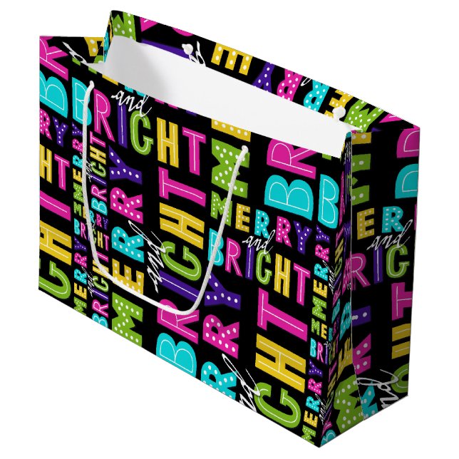 Neon Merry and Bright Large Gift Bag (Front Angled)